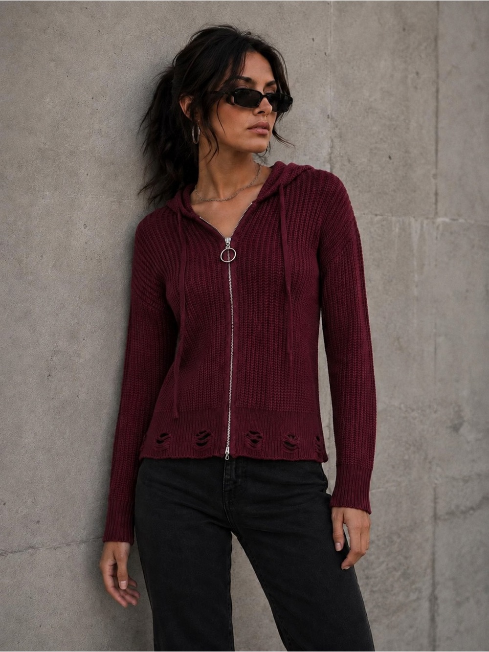 Zip Up Knit Sweater with Hood Size S